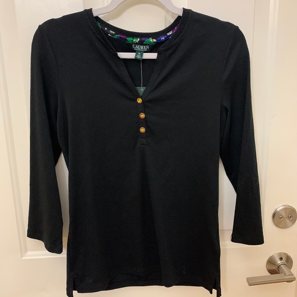 NWT - BLACK CASUAL TOP WITH GOLD BUTTONS - Picture 1 of 9